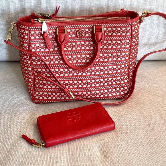 Tory Burch Woven Leather Tote & Leather Wallet